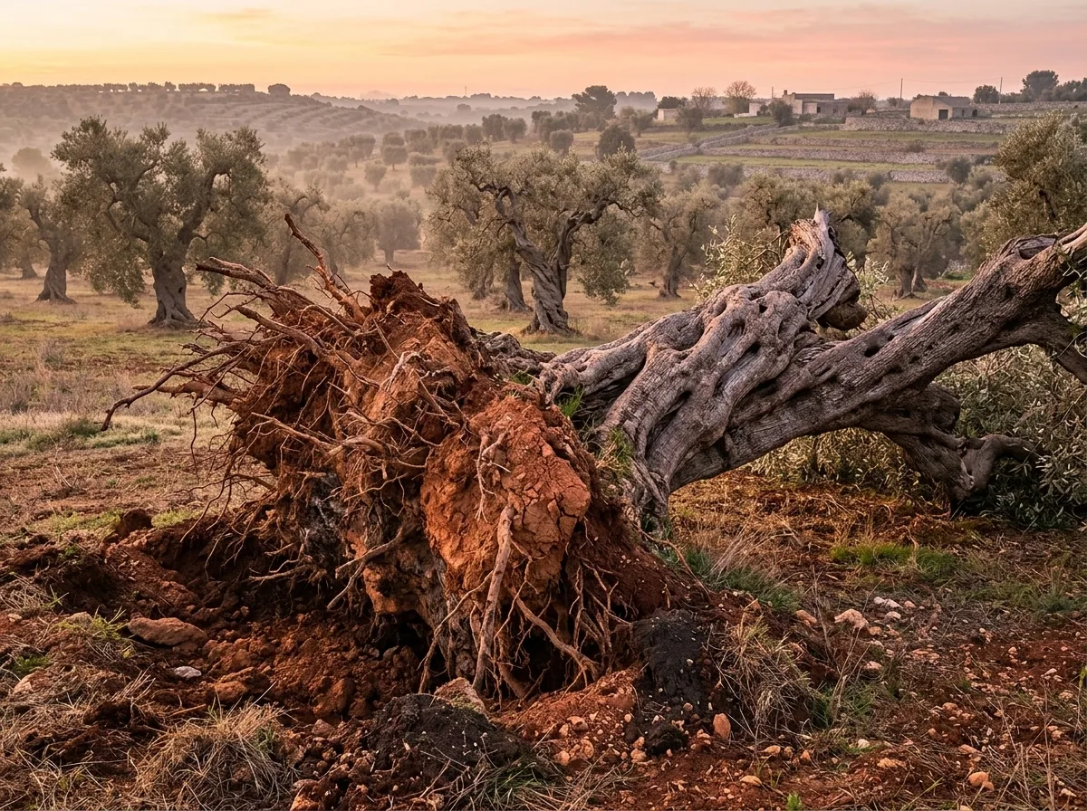 An uprooted century-old olive tree at the edge of an Apulian grove