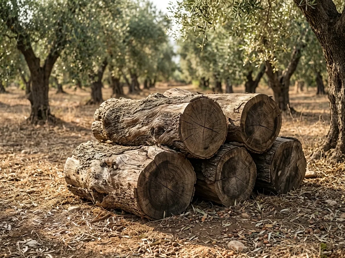 Large uncut olive trunk sections seasoning in the open air
