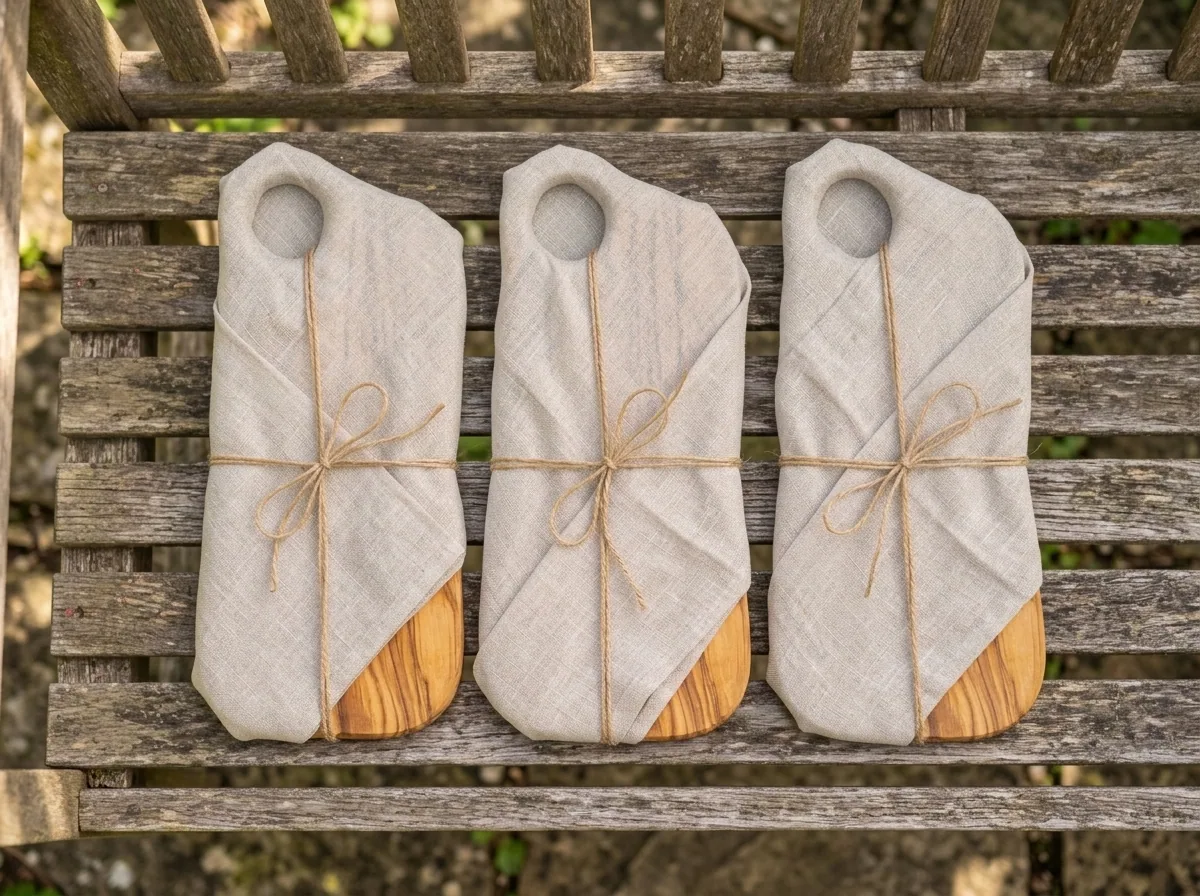 Boards wrapped in linen and tied with twine, ready to leave